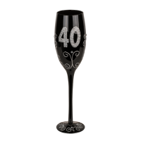 Schwarzes Sektglas mit silberfarbener  Glitterbeschriftung, ca. 24 cm (6 x 18, 4 x 30, 4 x 40, 6 x 50, 4 x 60) im Geschenkkarton
