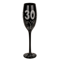 Schwarzes Sektglas mit silberfarbener  Glitterbeschriftung, ca. 24 cm (6 x 18, 4 x 30, 4 x 40, 6 x 50, 4 x 60) im Geschenkkarton