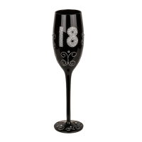 Schwarzes Sektglas mit silberfarbener  Glitterbeschriftung, ca. 24 cm (6 x 18, 4 x 30, 4 x 40, 6 x 50, 4 x 60) im Geschenkkarton