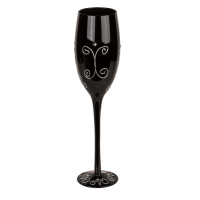 Schwarzes Sektglas mit silberfarbener  Glitterbeschriftung, ca. 24 cm (6 x 18, 4 x 30, 4 x 40, 6 x 50, 4 x 60) im Geschenkkarton