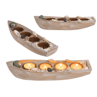 Holz-Boot für 4 Teelichte, mit Muscheldeko