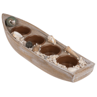 Holz-Boot für 4 Teelichte, mit Muscheldeko