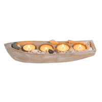 Holz-Boot für 4 Teelichte, mit Muscheldeko