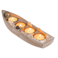 Holz-Boot für 4 Teelichte, mit Muscheldeko