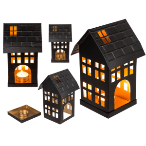 Schwarzes Metall-Deko-Haus für Teelichter, ca. 13 x 11,5 x 19 cm