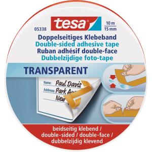 tesa® Doppelseitiges Klebeband, 10 m x 15 mm, mit Trennpapier, ohne Handabroller verwendbar, transparent