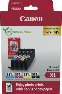 Tintenpatrone CLI-551XL BK/C/M/Y plus Papier, für Canon Drucker, 4 x 11 ml, farbig