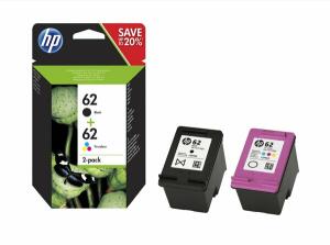 Multipack Tintenpatrone 62, für HP Drucker, 1 x ca. 200, 1 x ca. 165 Seiten, BK/C/M/Y