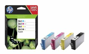 Multipack Tintenpatronen 364, für HP Drucker, 1 x ca. 250, 3 x ca. 300 Seiten, BK/C/M/Y