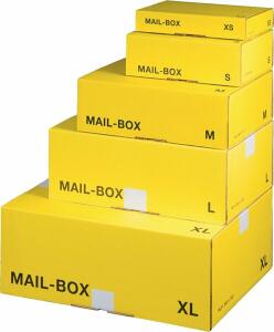 Mail-Box, XS, wiederverschließbar, habtklebend, Innenmaß: 244 x 145 x 43 mm, Außenmaß: 249 x 157 x 48 mm, postalisch zugelassen als Maxibrief, gelb