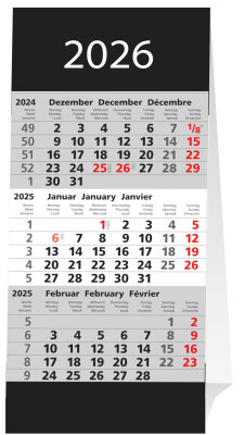2026 ADINA Kleiner Dreimonatskalender sw mit Tagesschieber 3-Monatskalender Aufstellkalender für den Schreibtisch