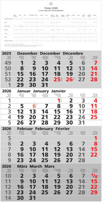 2026 ADINA Viermonatskalender 60x30cm mit Tagesanzeiger und Schulferien