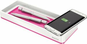 LEITZ 53651023 Duo Colour Federschale WOW weiß/pink metallicmit integriertem QI Induktionsladegerät.Für alle Smartphones mit eingebautem Em