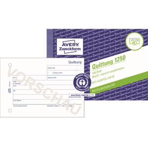 Zweckform 1250 Quittung MwSt. separat ausgewiesen - A6 quer, MP, fälschungssicher, 100 Blatt, weiß