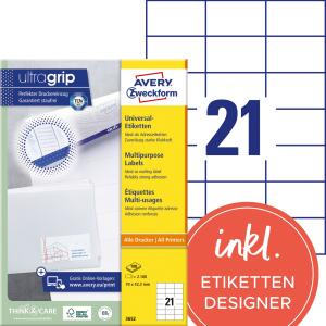Zweckform 3652 Universal-Etiketten ultragrip - 70 x 42,3 mm, weiß, 2.100 Etiketten, permanent