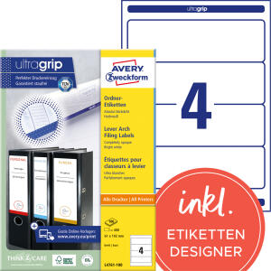 Zweckform L4761-100 Ordner-Etiketten ultragrip - breit/kurz, 400 Stück, weiß, ablösbar