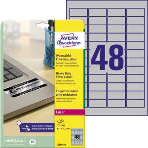 Zweckform L6009-20 Typenschild-Etiketten - A4, 960 Stück, 45,7 x 21,2 mm, wetterfest, 20 Blatt silber