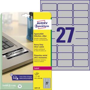Zweckform L6011-20 Typenschild-Etiketten - A4, 540 Stück, 63,5 x 29,6 mm, wetterfest, 20 Blatt silber