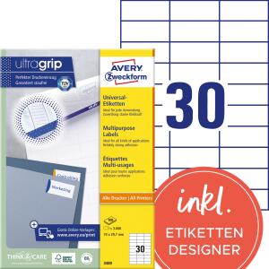 Zweckform 3489 Universal-Etiketten ultragrip - 70 x 29,7 mm, weiß, 3.000 Etiketten, permanent