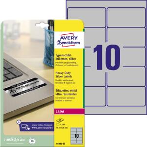 Zweckform L6012-20 Typenschild-Etiketten - A4, 200 Stück, 96 x 50,8 mm, wetterfest, 20 Blatt silber