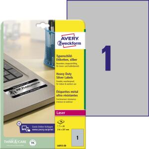 Zweckform L6013-20 Typenschild-Etiketten - A4, 20 Stück, 210 x 297 mm, wetterfest, 20 Blatt silber