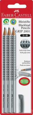Faber Castell Bleistift Grip 2001 B silber 3er mit Radierer