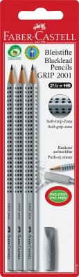 Faber Castell Bleistift Grip 2001 HB silber 3er mit Radierer