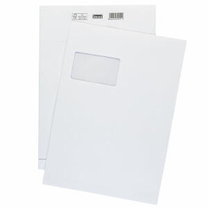 Idena 346045 - Faltentasche C4 mit 2 cm Klotzboden, 100 Stück, 120 Gramm, haftklebend, mit Fenster, weiß