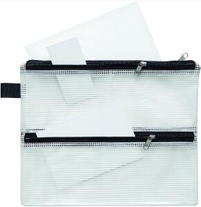 Sammelbeutel, A5, 3 Zusatzfächer, PVC klar gewebeverstärkt Zip schwarz