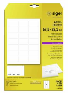SIGEL LA320 Adress-Etiketten - weiß - 63.5 x 38,1 mm - 70 g/m² - 525 Etiketten = 25 Blatt