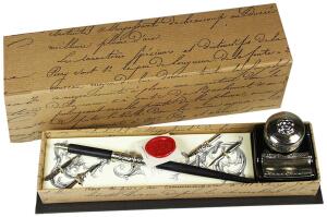 Rubinato GeschenKugelschreiberet mit HolzFederhalter mit Metallgriff und Schreibfeder 4 Federn Tintenglas 48 ml mit Metallmulde und Metallverschluß 1 Stück