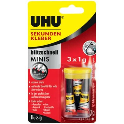 UHU SEKUNDENKLEBER blitzschnell MINIS 3x1g in Aufbewahrungsbox Blister