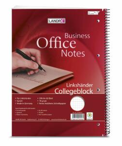 LANDRÉ Collegeblock für Linkshänder, A4 Abriss, 80 Blatt, 70 g/m², 4fach gelocht,kariert