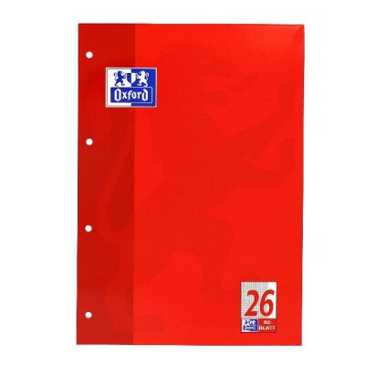 OXFORD Schule Schulblock A4, kopfgeleimt, 50 Blatt, Lineatur 26 (kariert mit Rand rechts), Optik Paper®, 4fach gelocht