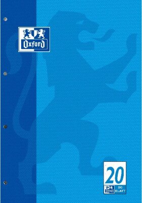 OXFORD Schule Schulblock A4, kopfgeleimt, 50 Blatt, Lineatur 20 (blanko), Optik Paper®, 4fach gelocht