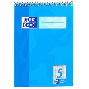 OXFORD Schule Schulblock A5, mit Kopfspirale, 40 Blatt, Lineatur 5 (kariert 5 mm), Optik Paper®