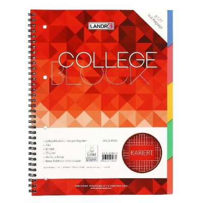 LANDRÉ Collegeblock mit 5 Registerblättern, 80Blatt, 70g, kariert, 5er Pack
