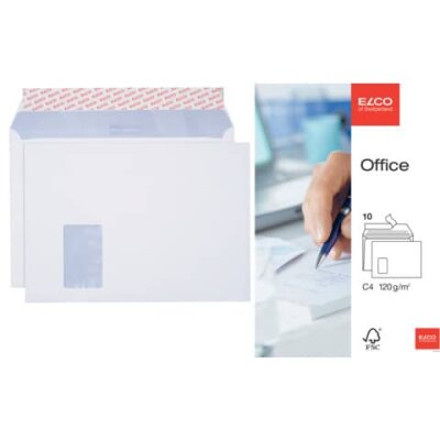 Elco Briefumschlag Office - C4, hochweiß, haftklebend, mit Fenster, 80 g/qm, 10 Stück