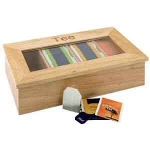 Esmeyer TEEBOX mit 4 Fächern, Aufschrift Tee, aus hellem Holz, mit Sichtfenster