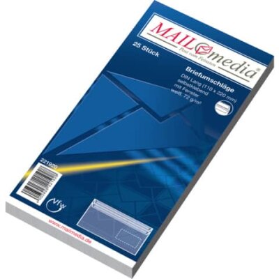 MAILmedia Briefumschläge DIN lang (220x110 mm), mit Fenster, selbstklebend, 72 g/qm, 25 Stück
