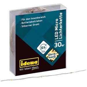 Micro Lichterkette 30 LED, warmweiß,6h-Timer320 cm - silberner Draht,