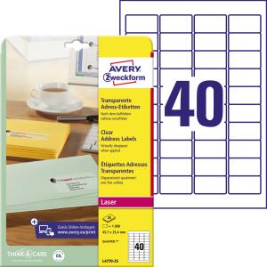 Zweckform L4770-25 Adress-Etiketten (A4, 1.000 Stück, 45,7 x 25,4 mm) 25 Blatt transparent