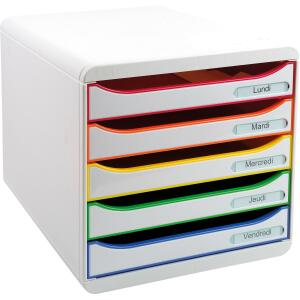 Exacompta EXACOMPTA Schubladenbox Big Box Plus - A4+, 5 offene Laden, weiß/harlekin/weiß