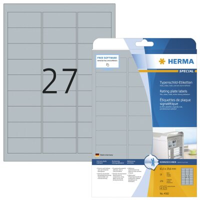 Herma Etiketten Typenschild stark haftend 63,5 x 29,6 mm wetterfest silber 10 Bl 675 Etik. LaserCopy