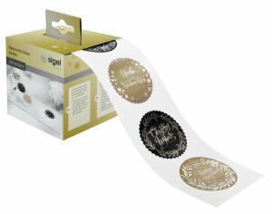SIGEL CS120 Weihnachts-Sticker auf Rolle - 200 Sticker - 45 x 50 mm - Christmas Lettering - schwarz/gold/silber