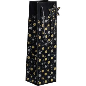 SIGEL GT030 Geschenktasche SIGEL Flasche - schwarz/silber/gold - Sterne - mit Bodeneinlage, Geschenkanhänger und farblich abgestimmten Tragekordeln - Glanzkarton, Kunststoff - 10 x 35 x 8 cm