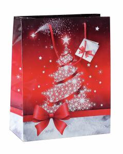 Geschenktasche groß - rot/silber - Weihnachtsbaum - 26 x 33 x 12 cm