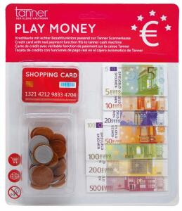 Spielgeldkarte mit Papier und Münzgeld