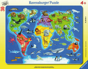 Ravensburger Rahmenpuzzle 30 Teile Weltkarte - Weltkarte mit Tieren - ab 4 Jahren