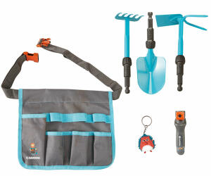 Gardena Gürteltasche 20x22cm gefüllt mit - Schaufel, Rechen, Hacke ca.17cm Metall, inkl.Anhänger & - Broschüre - ab 3 Jahren